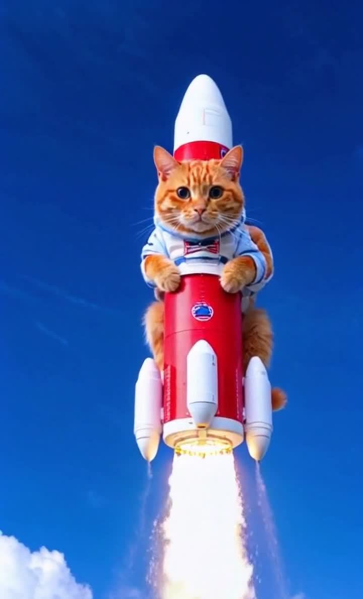 猫咪宇航员乘坐火箭升空，冲向蔚蓝天空。