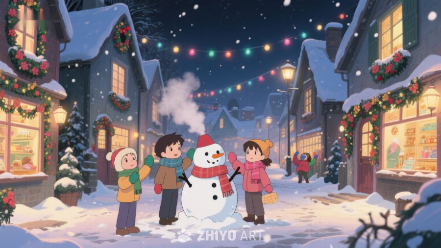 冬夜雪景中孩子们与雪人 123