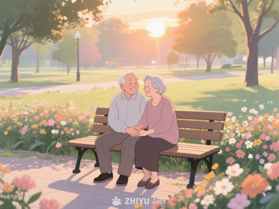 夕阳下公园长椅上的老夫妇 929