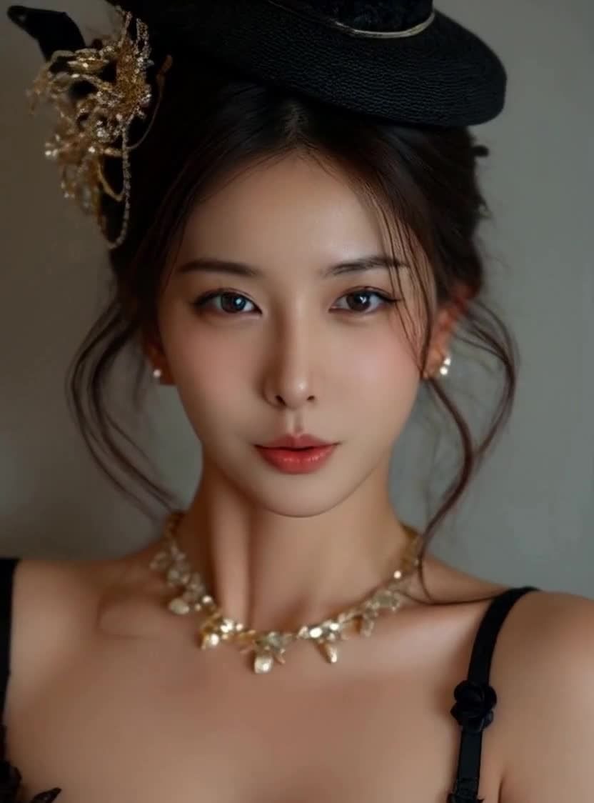 戴黑帽饰金棕发女子珍珠耳钉金项链黑背心灰背景