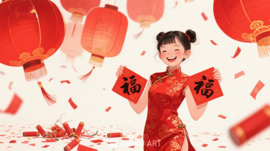 欢庆春节的女孩手持福字 398