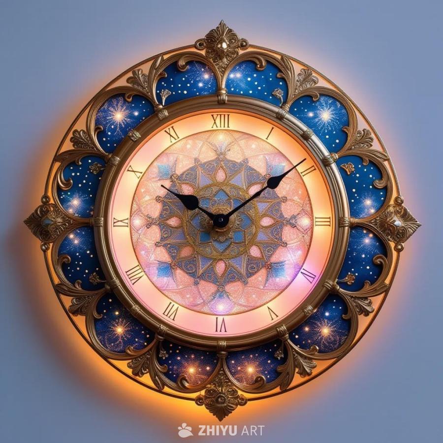 一个独立的装饰时钟，其主题为神秘的春分天体，具有复