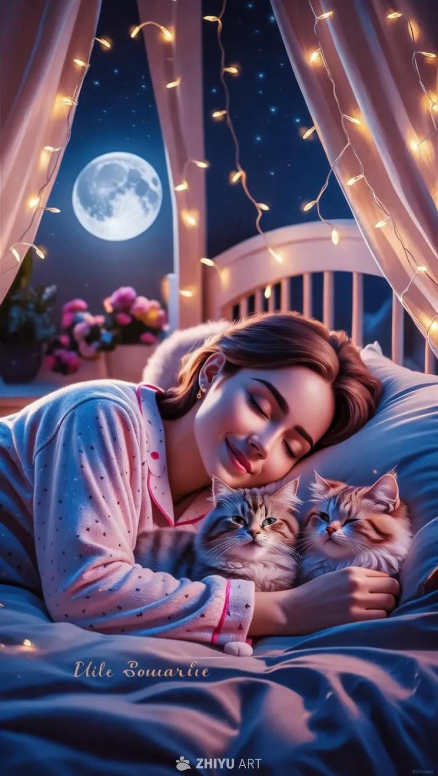 宁静的卧室里有一扇大窗户，窗外是星夜。一位穿着柔软