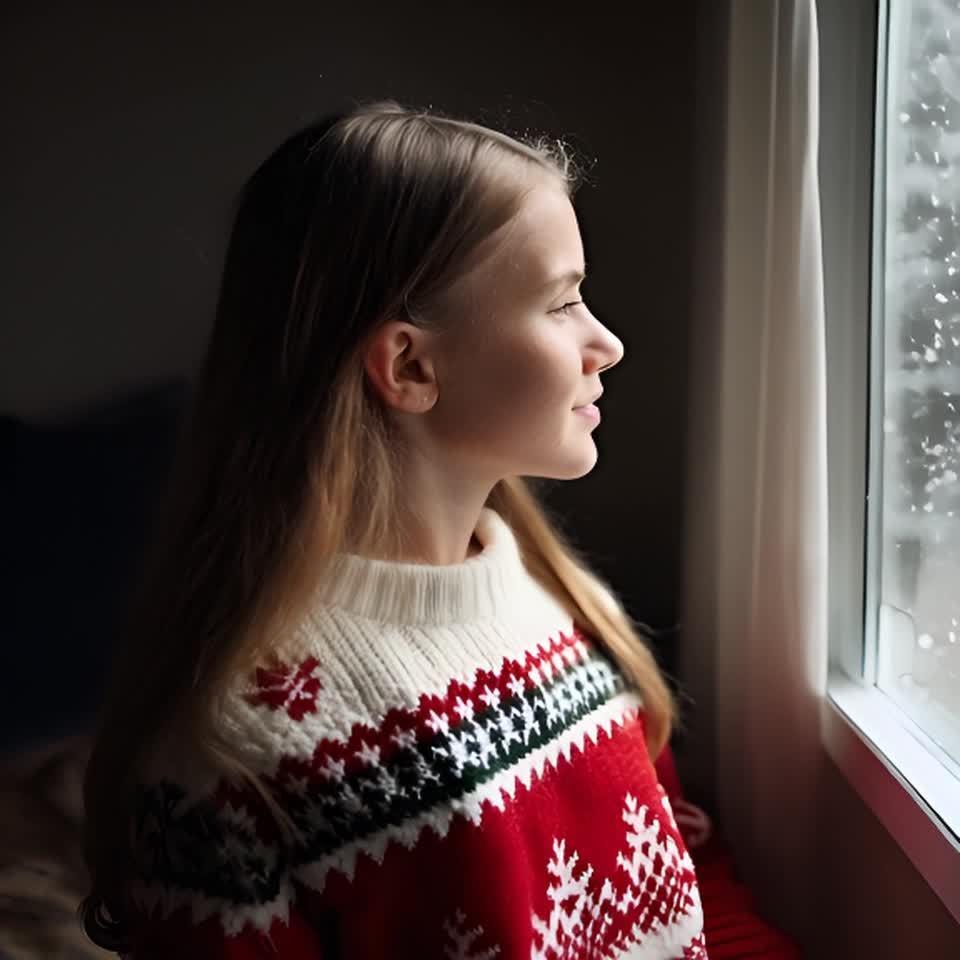 女孩穿着一件红色、白色和绿色相间的圣诞毛衣，上面有雪花图案。她静静地站在窗户旁，看着窗外的雪景。她的头发是棕色的，柔软而顺滑。房间内的光线较暗，但窗户透进来的阳光照亮了她的脸庞，使她的轮廓更加清晰。窗外飘着雪花，落在地面上积聚成厚厚的积雪。整个场景给人一种宁静、温馨的感觉。窗外飘落的雪花落在玻璃上发出沙沙的声音，女孩静静地凝视着窗外，仿佛被这美丽的景象所吸引。