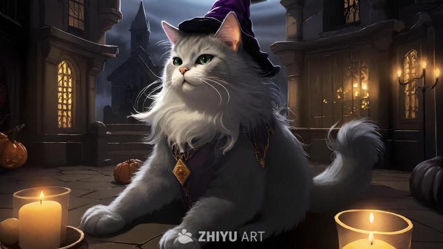 一只猫戴着巫师帽，手持魔杖，场景设定在万圣节的夜晚