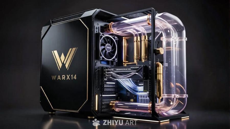 一个定制的黑色游戏电脑，侧面有金色的“Warx14