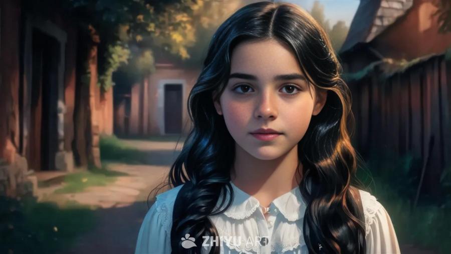 一个皮肤白皙、黑发的青少年欧洲女孩，站在一个类似村