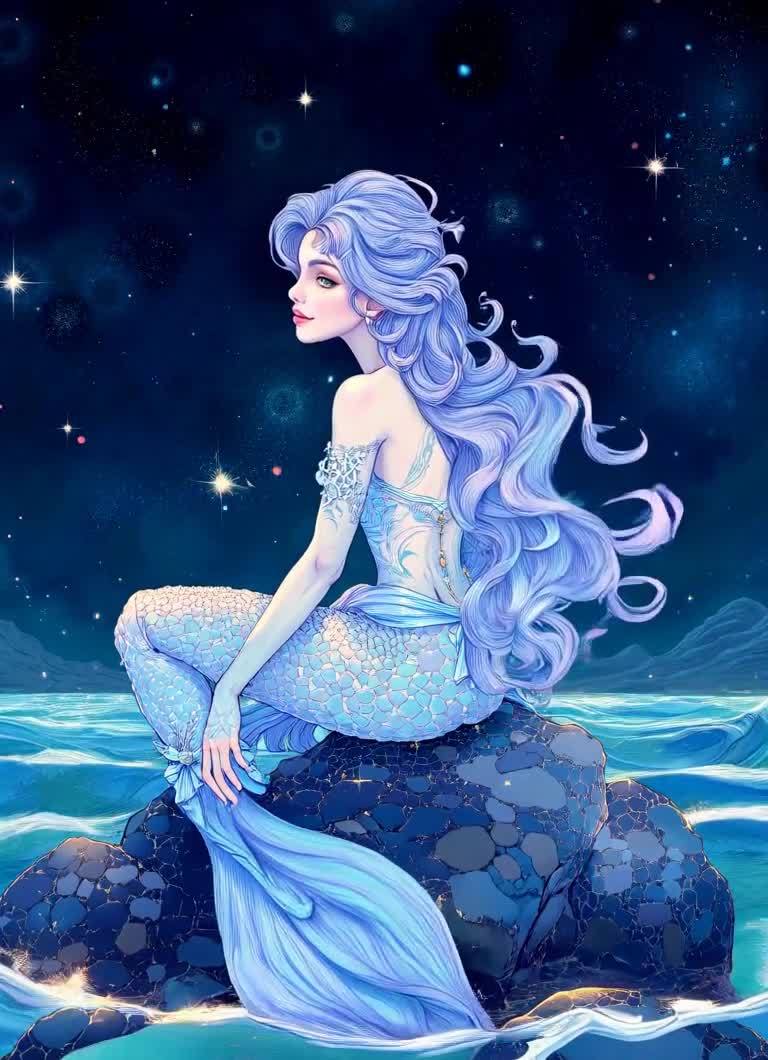 一位长发美人鱼坐在海中一块岩石上，她的头发和尾巴是