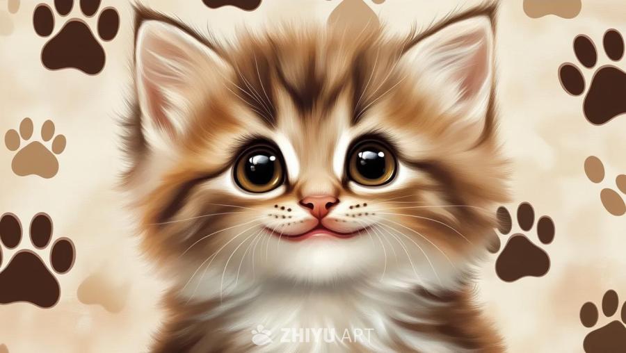一只小猫的数字绘画，小猫有柔软蓬松的毛发，大而明亮