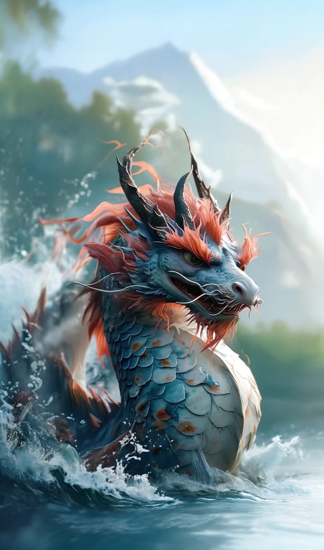 水龙：红发白须蓝鳞水中戏浪