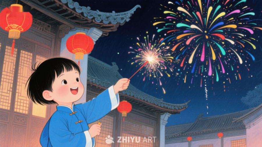 孩童手持烟花，夜空绽放绚丽烟火 280
