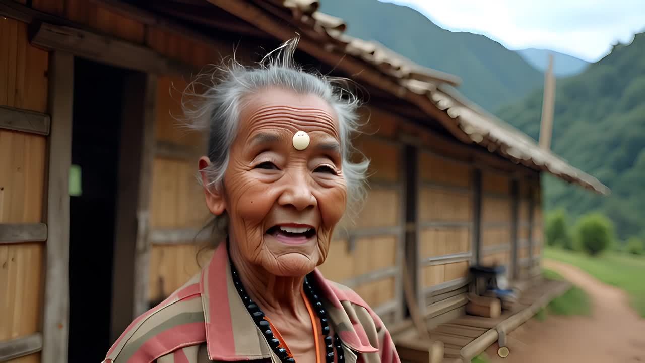 一位年长的女性，她的前额中心有一个白色的装饰品，戴