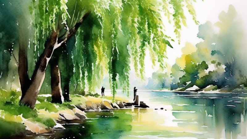 河边柳树插画风景图 35