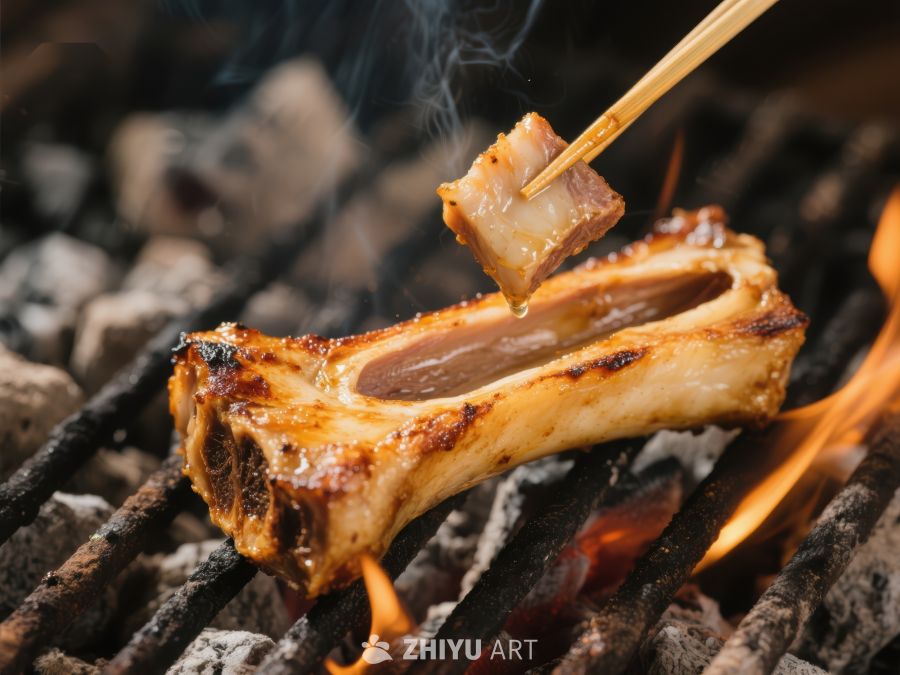 烧烤肋骨，火焰上的美味瞬间