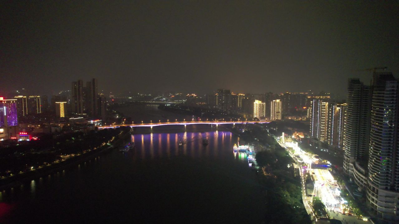 广西南宁邕江夜景灯光航拍 