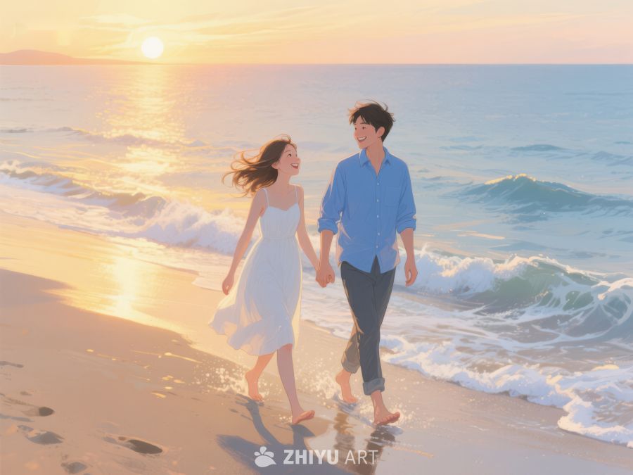 情侣海滩漫步，夕阳相伴 541