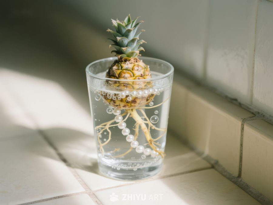 菠萝顶部在水杯中生根 55
