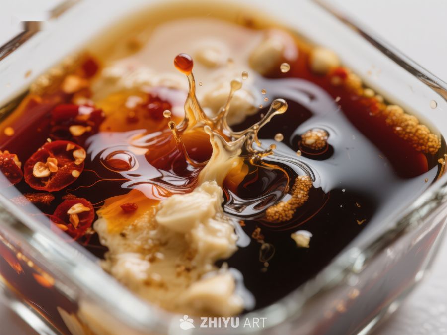 酱汁飞溅瞬间，玻璃碗中的美味特写 359