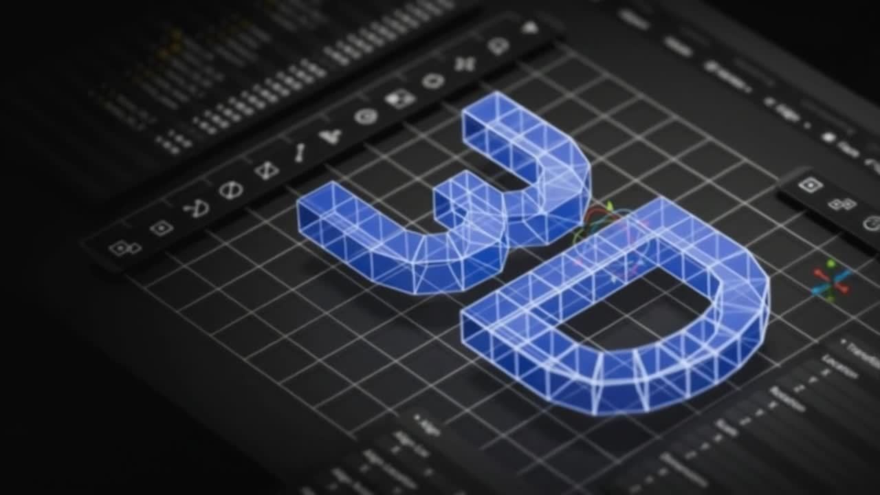 一个蓝色的3D文字模型位于一个带有黑色网格的背景之