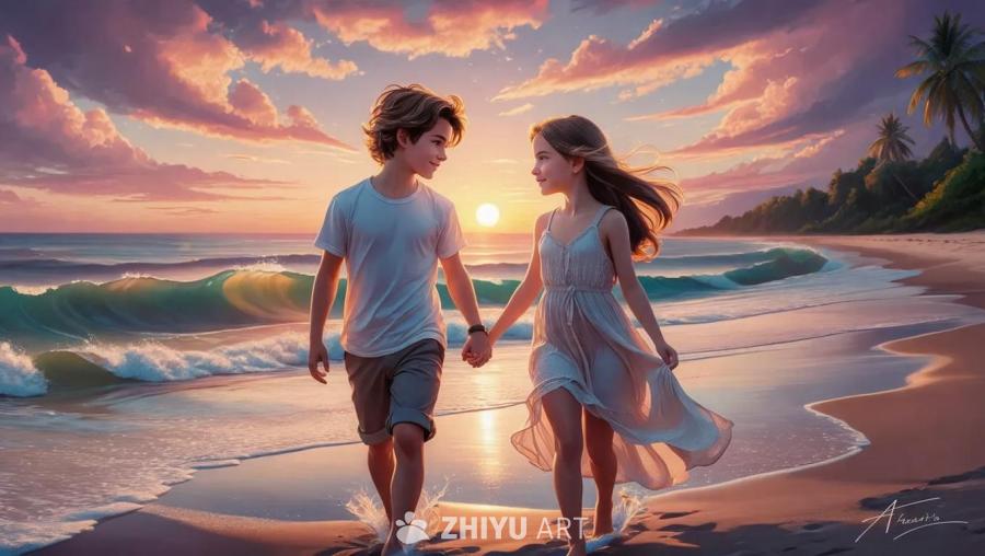 海滩上，夕阳西下，一位穿着白色T恤和短裤的男孩，与