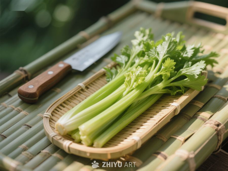 新鲜芹菜置于竹制托盘 482