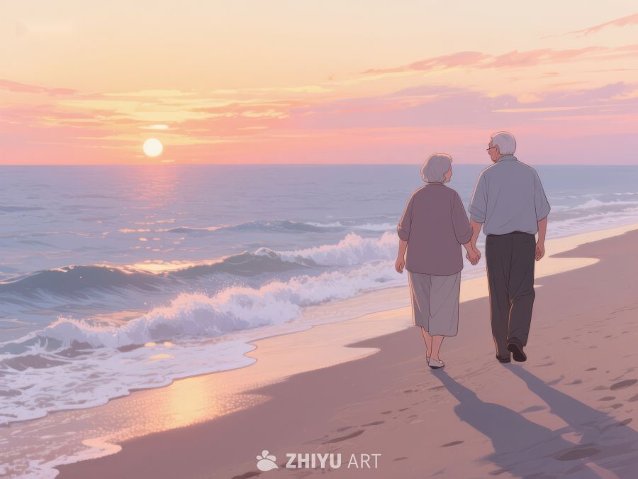 夕阳下海边漫步的老人 854