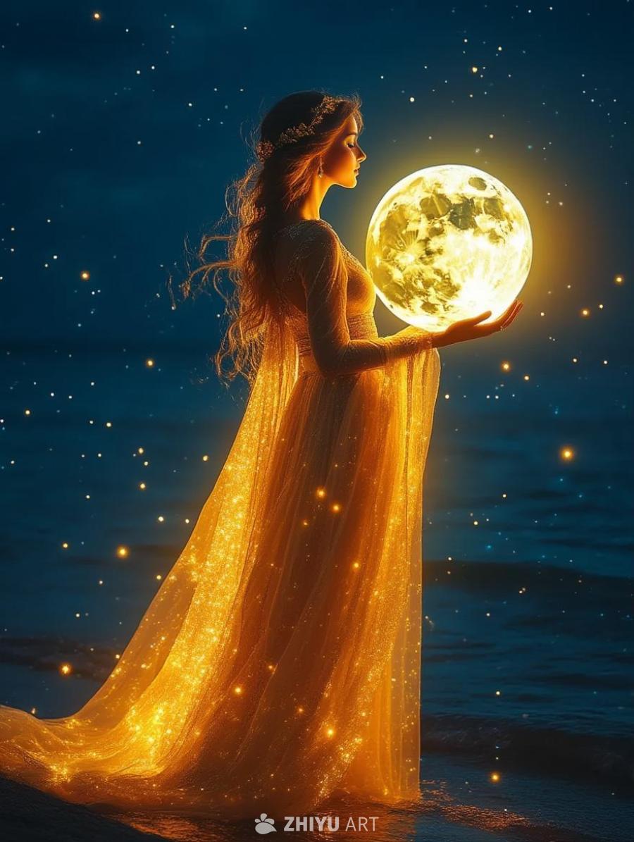 夜晚的海边，一位身穿金色纱裙的女子侧身站立，她头戴