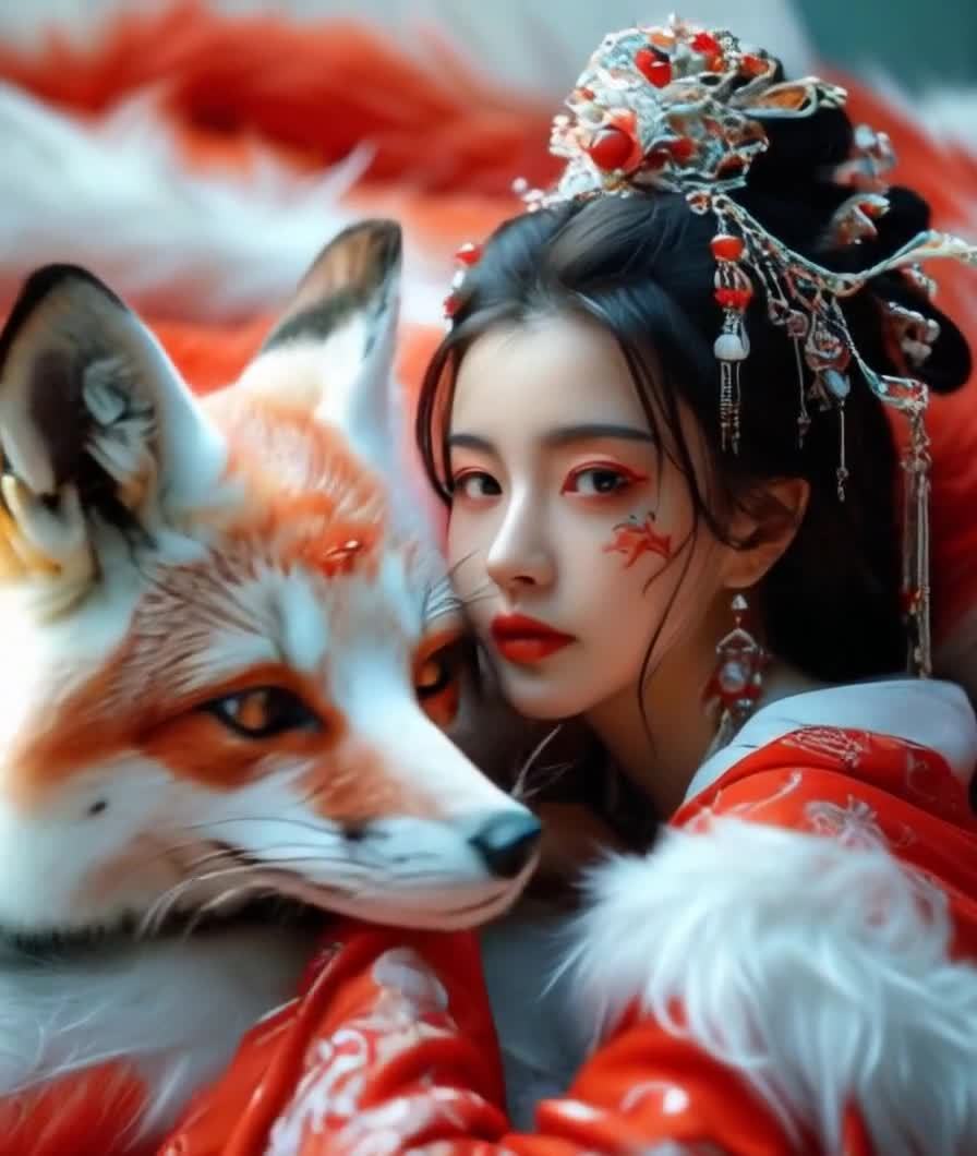 红衣女子与狐：精致妆容的东方意境美
