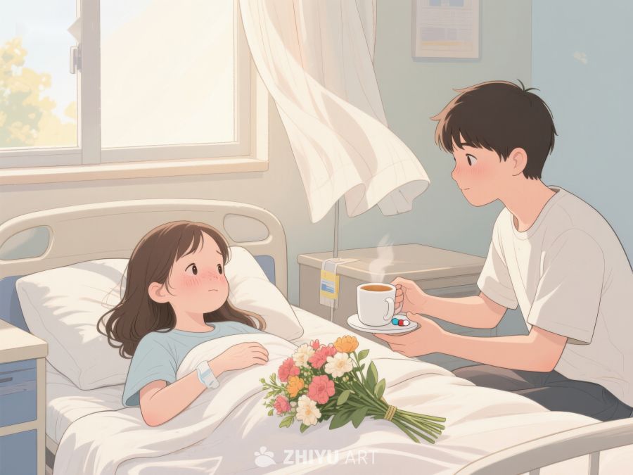 病房中的温馨时刻：男子为病床上的女子递茶 5