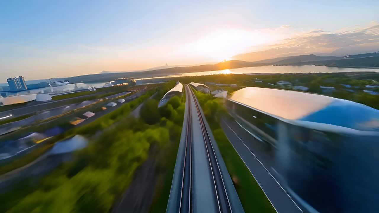 高耸入云的山峰，湖泊，以及日落时分的天空。画面中心