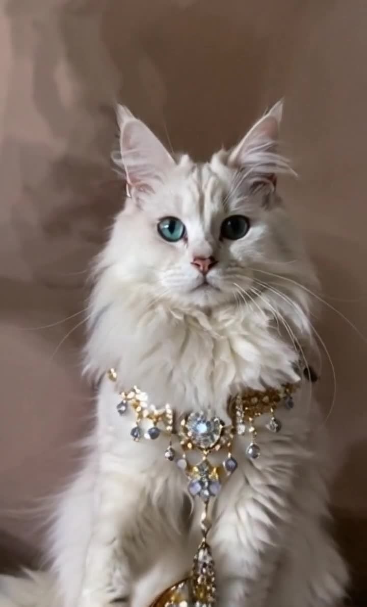 蓝眼长毛猫身着华丽服饰佩戴珠宝项链
