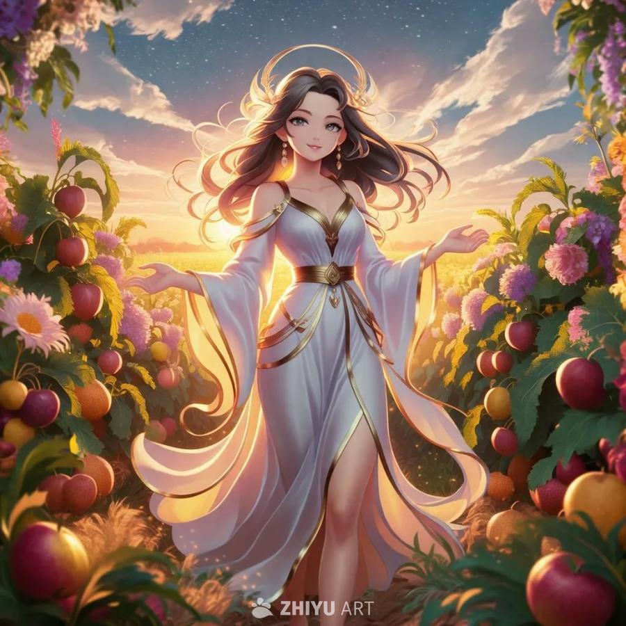 身穿白色长袍的动漫风格女性站在田野中，周围环绕着鲜