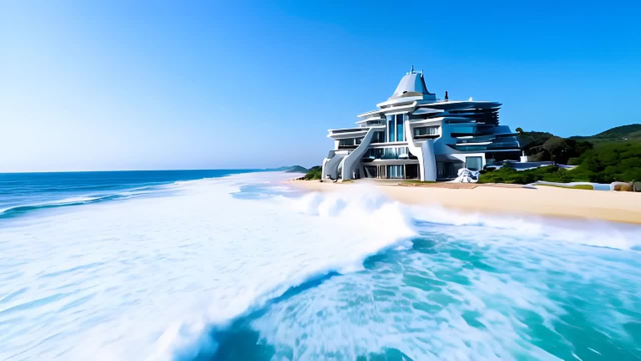 一栋巨大的未来主义风格的豪宅矗立在风景如画的海滩上
