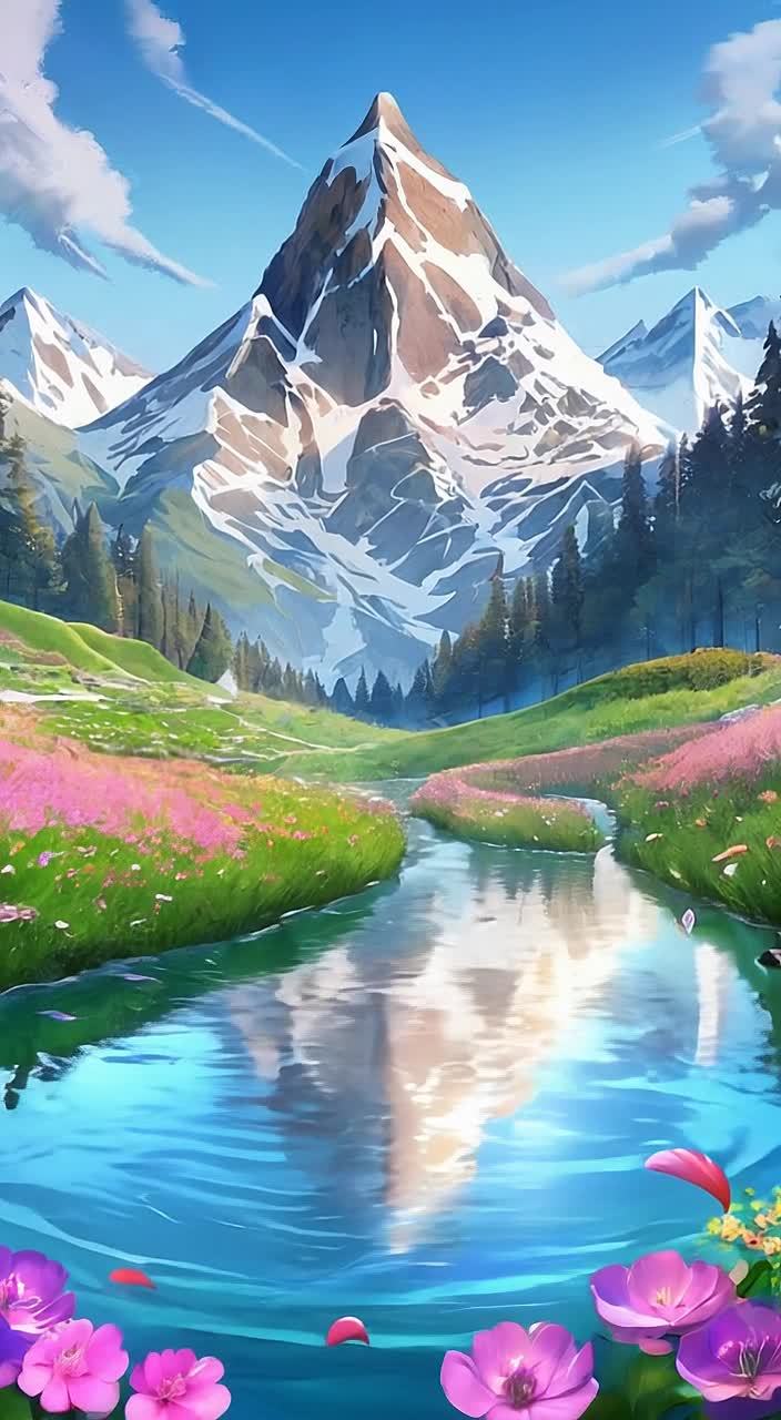 一个宁静的山谷，一条清澈的小溪流过绿草茵茵的草地，