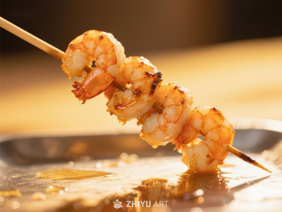 烤虾串特写，金黄诱人