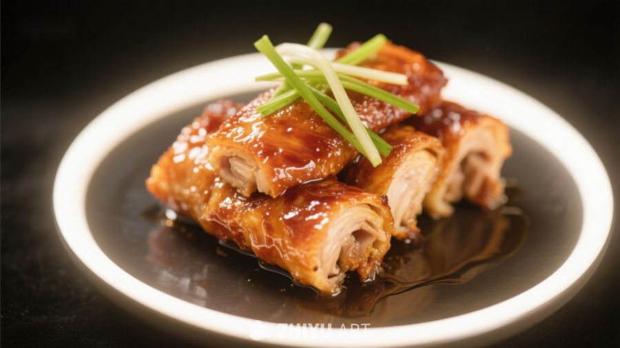 酱汁淋肉配葱丝美食特写