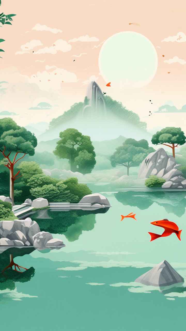中国画园林植物水亭子插画 31