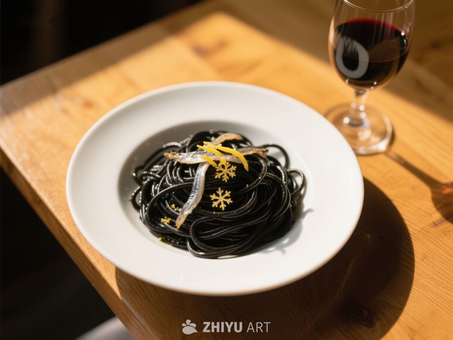 黑墨鱼汁意面配红酒