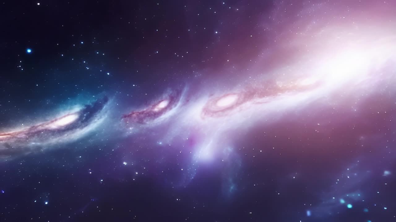 深紫色、蓝色和柔和的白色星云遍布宇宙，点缀着微弱的