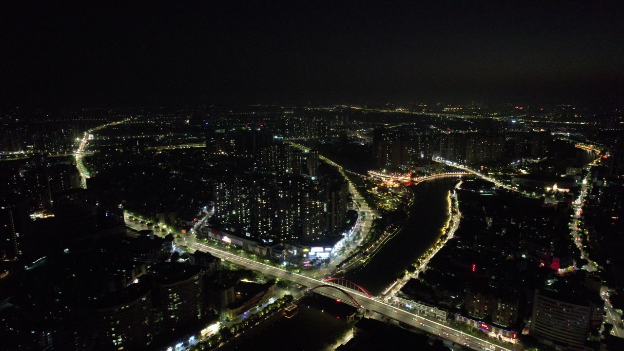 广东江门城市夜景交通航拍