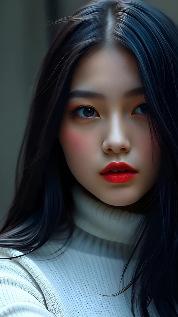 一个女人，她有着黑色的长发，橙色的眼影和红色的嘴唇