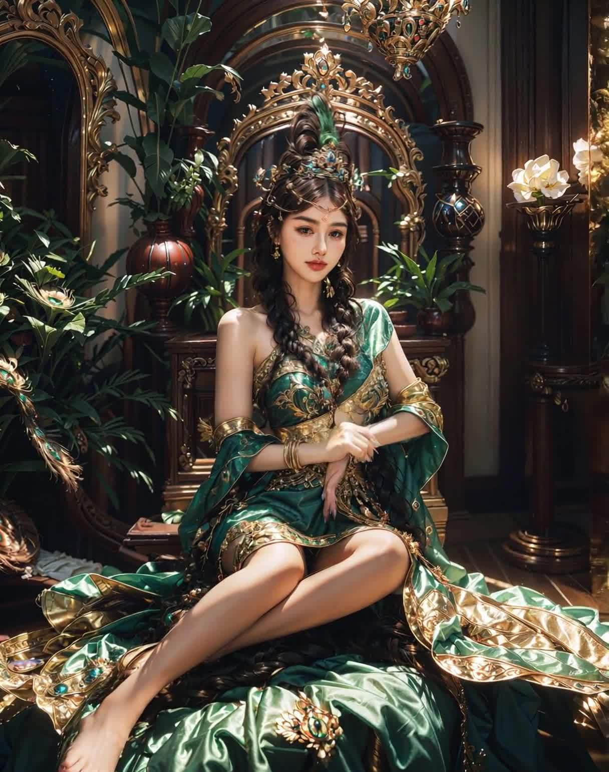 一位女性坐在一个内部场景中，她穿着一件镶有金色装饰