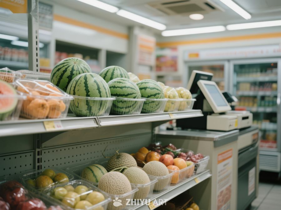 超市水果区展示西瓜和哈密瓜 143