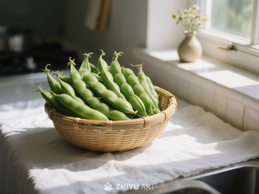 篮子里的青豆荚，窗边阳光照射 212