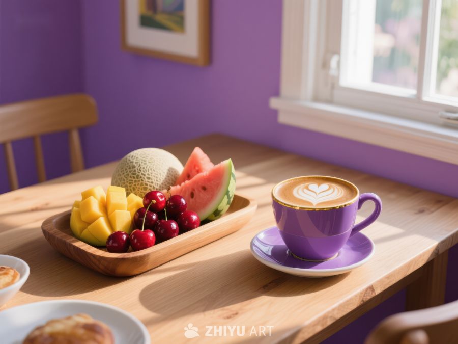 紫色主题早餐桌上的水果与咖啡 731