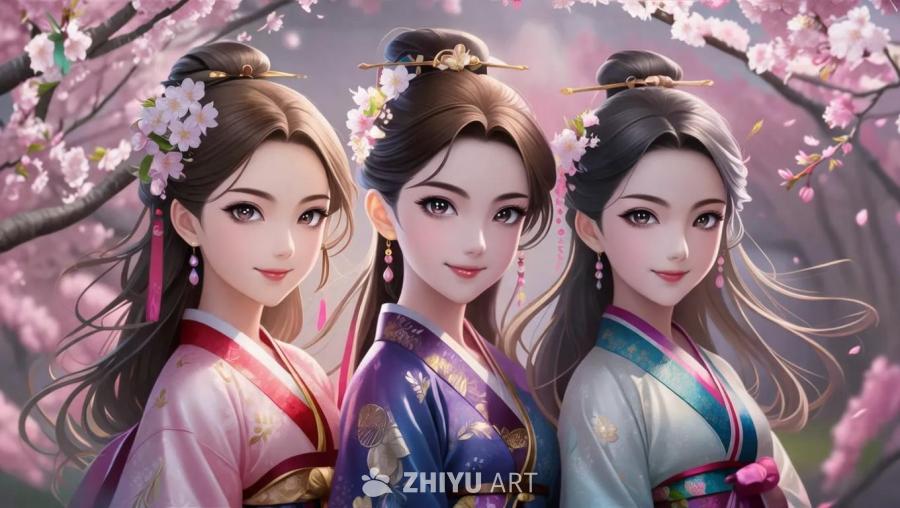 三个动漫风格的亚洲女孩穿着传统服装，长发上装饰着鲜