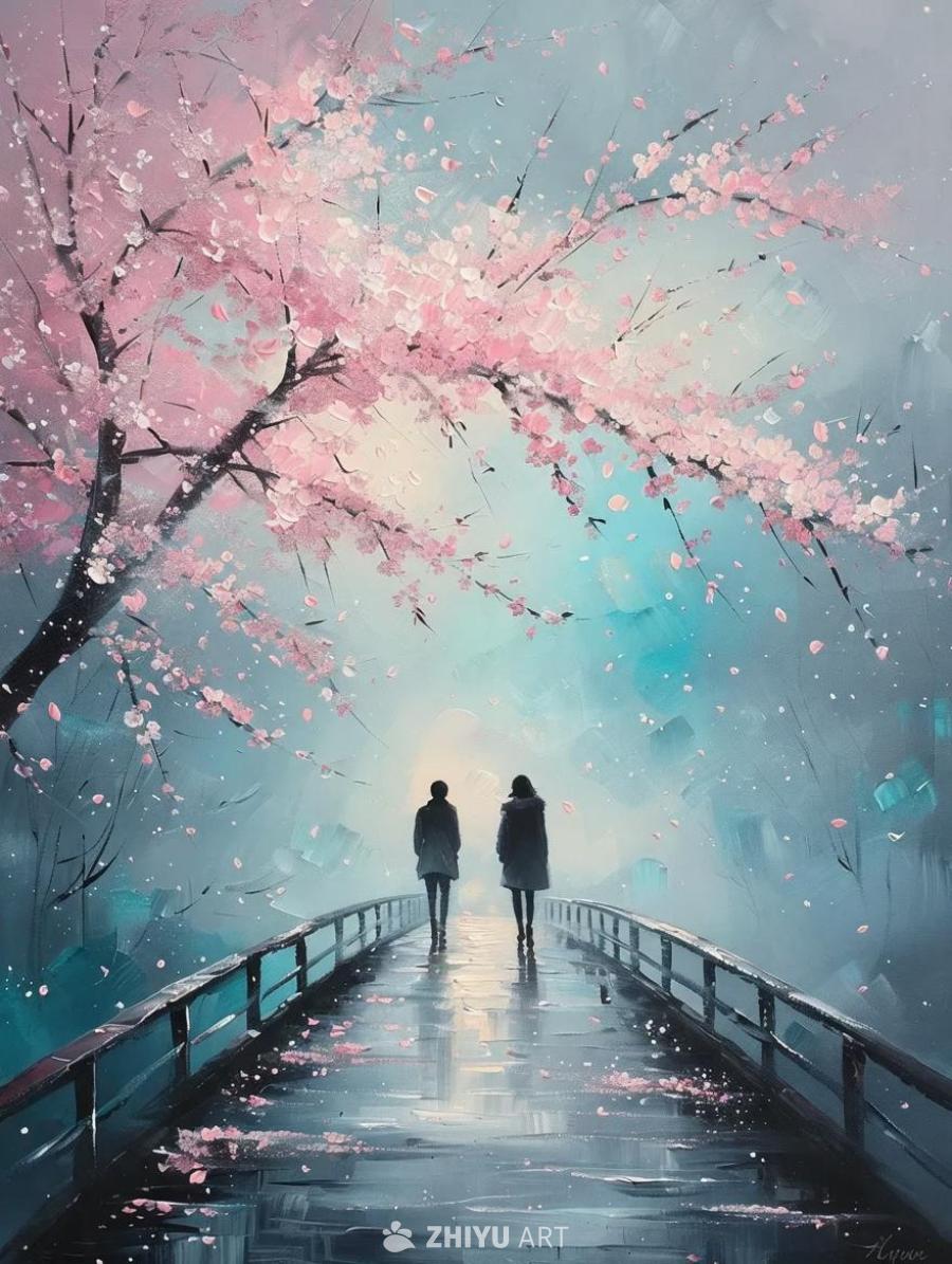 两道人影走在一座桥上，桥上空有一棵巨大的樱花树，风
