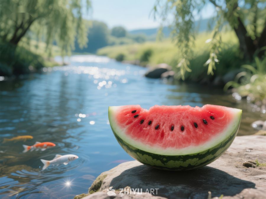 溪边石上西瓜半，夏日清凉景 640