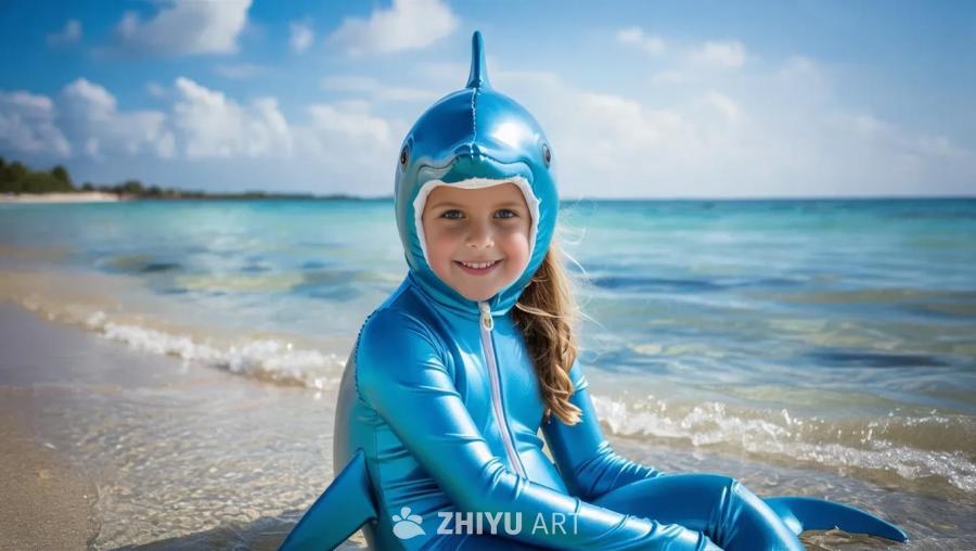 海边，一个女孩穿着蓝色橡胶海豚服装，戴着完整的海豚