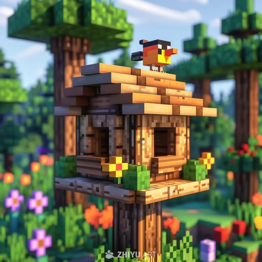 一个像素化的森林中，一个古朴的Minecraft鸟